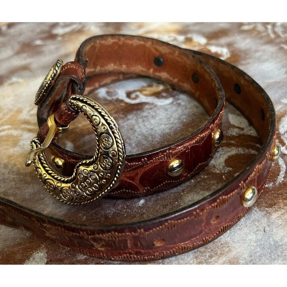 Adoppia Belt Vintage Genuine Leather and Brass Studs and Embossed Buckle 30"
